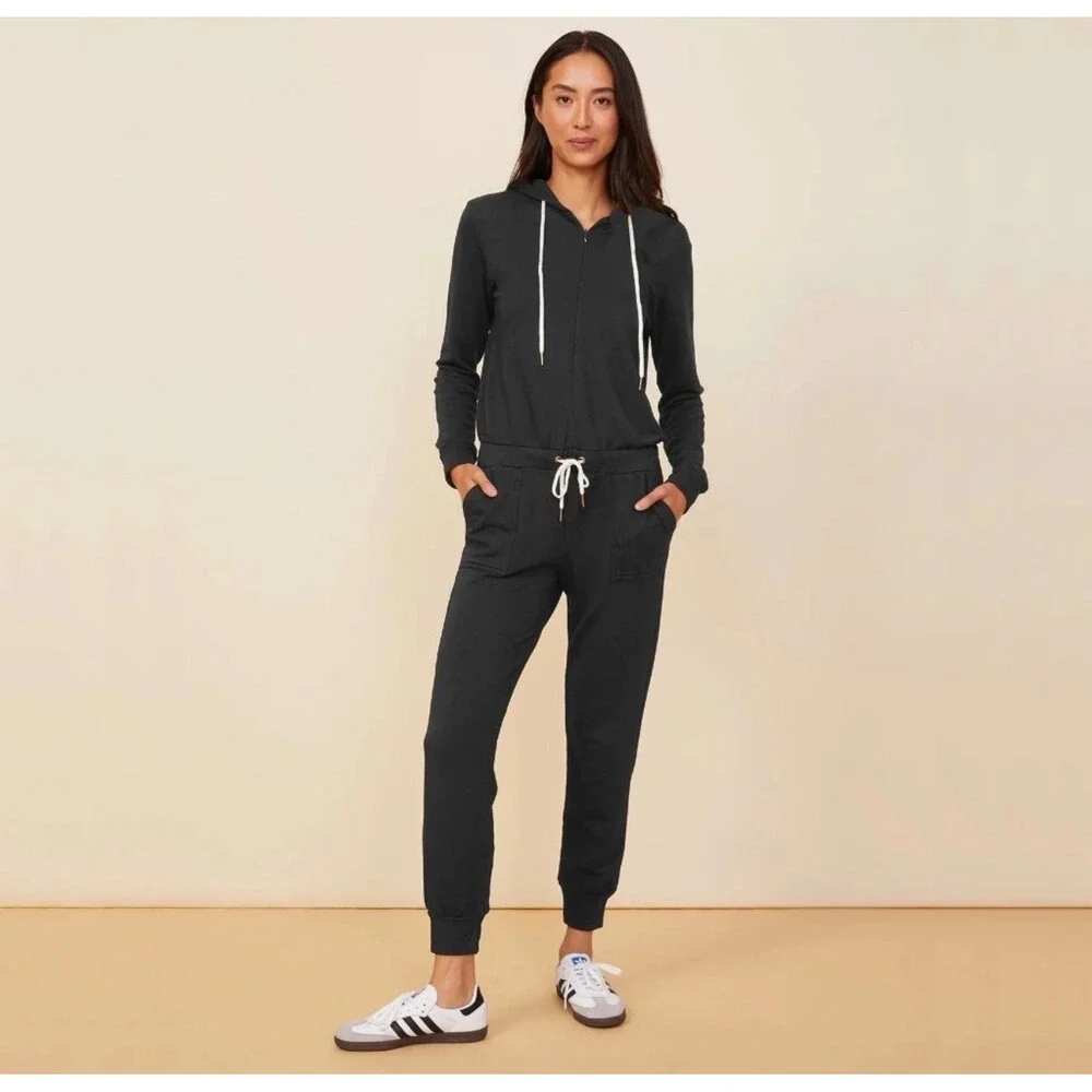 Monrow Supersoft Fleece Hooded Jumpsuit  Womens XL Charcoal Black Zip Up